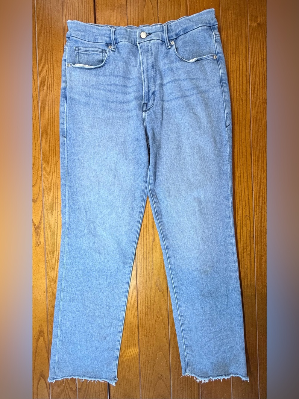 Good American Good Legs Straight Raw Hem Jeans Light Wash Size 15